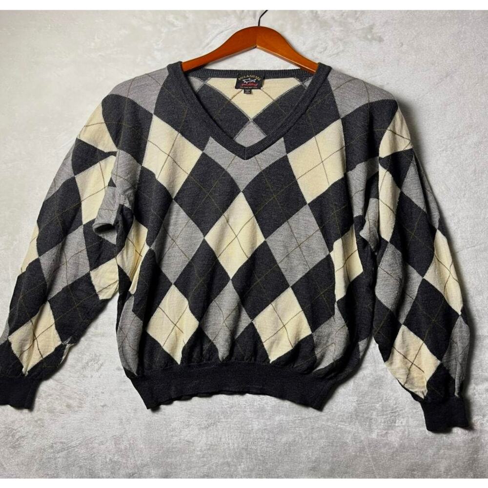 Paul & Shark Yachting Italian Wool Knit Argyle Sweater Men's L Heritage Jumper